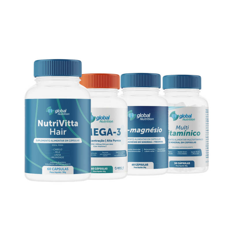 Kit Saúde Completa Global Nutrition - Cabelos, Vitaminas e Ômega-3